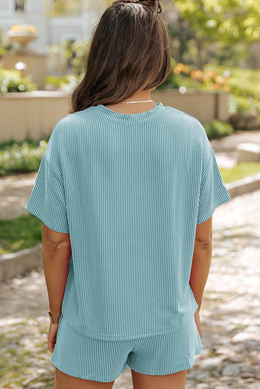 LDC Ribbed Textured Knit Loose Fit Tee and Shorts Set: Phalaenopsis / M