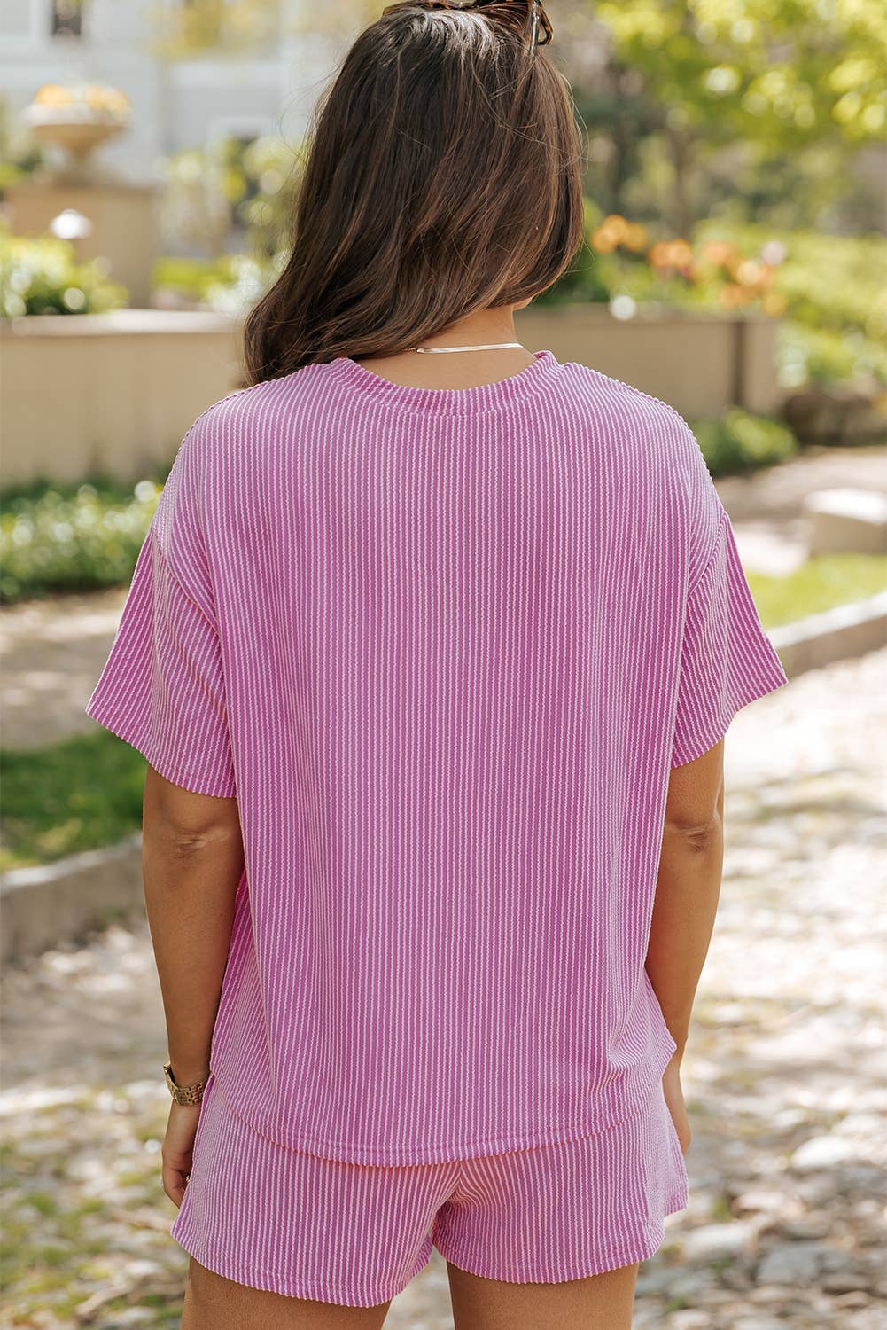 LDC Ribbed Textured Knit Loose Fit Tee and Shorts Set: Phalaenopsis / M