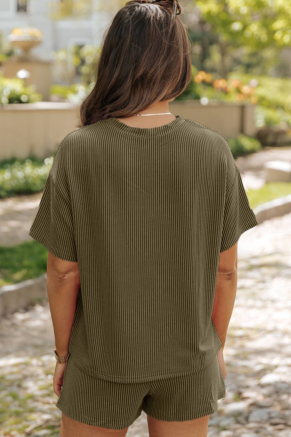 LDC Ribbed Textured Knit Loose Fit Tee and Shorts Set: Phalaenopsis / M