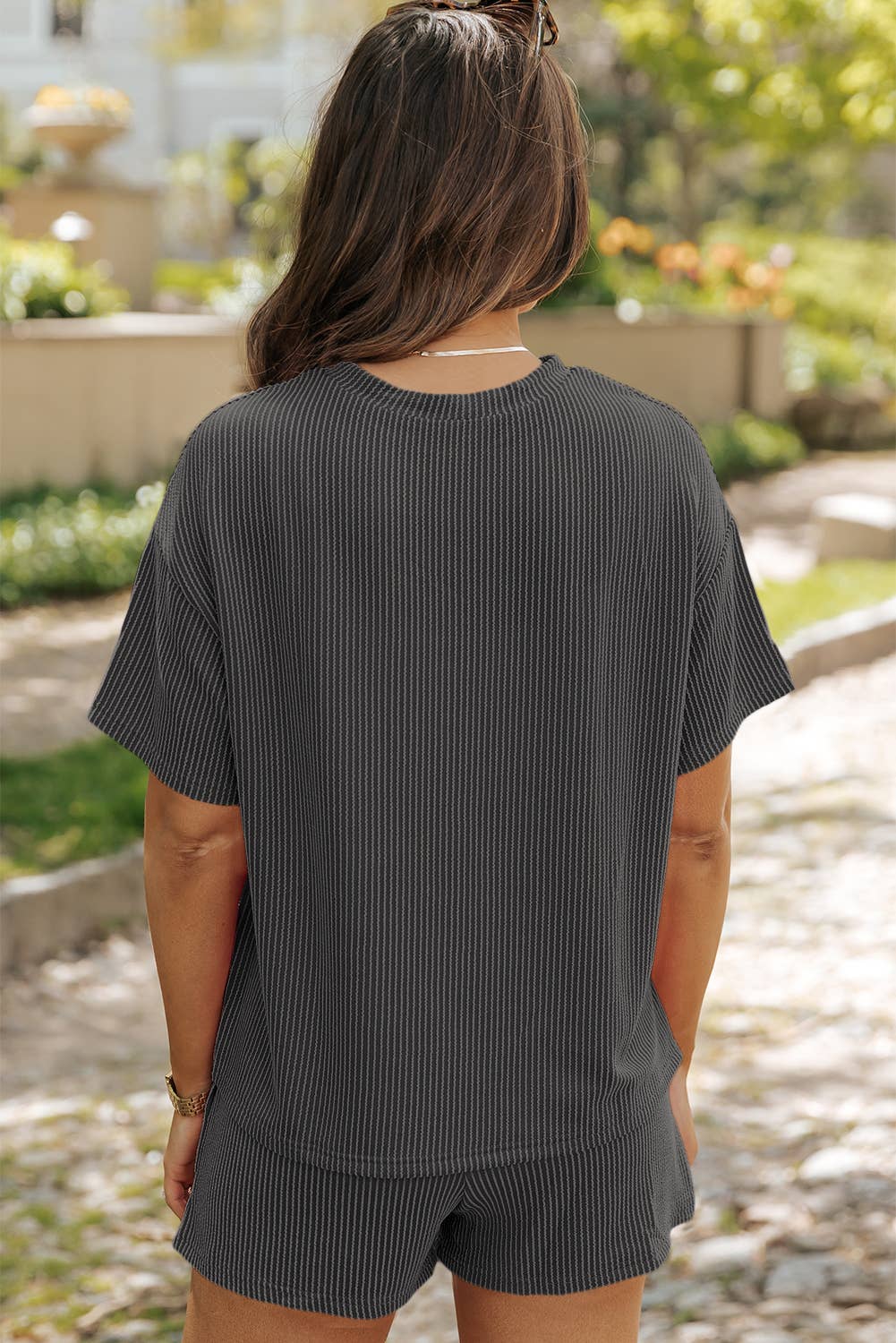 LDC Ribbed Textured Knit Loose Fit Tee and Shorts Set: Carbon Grey / M