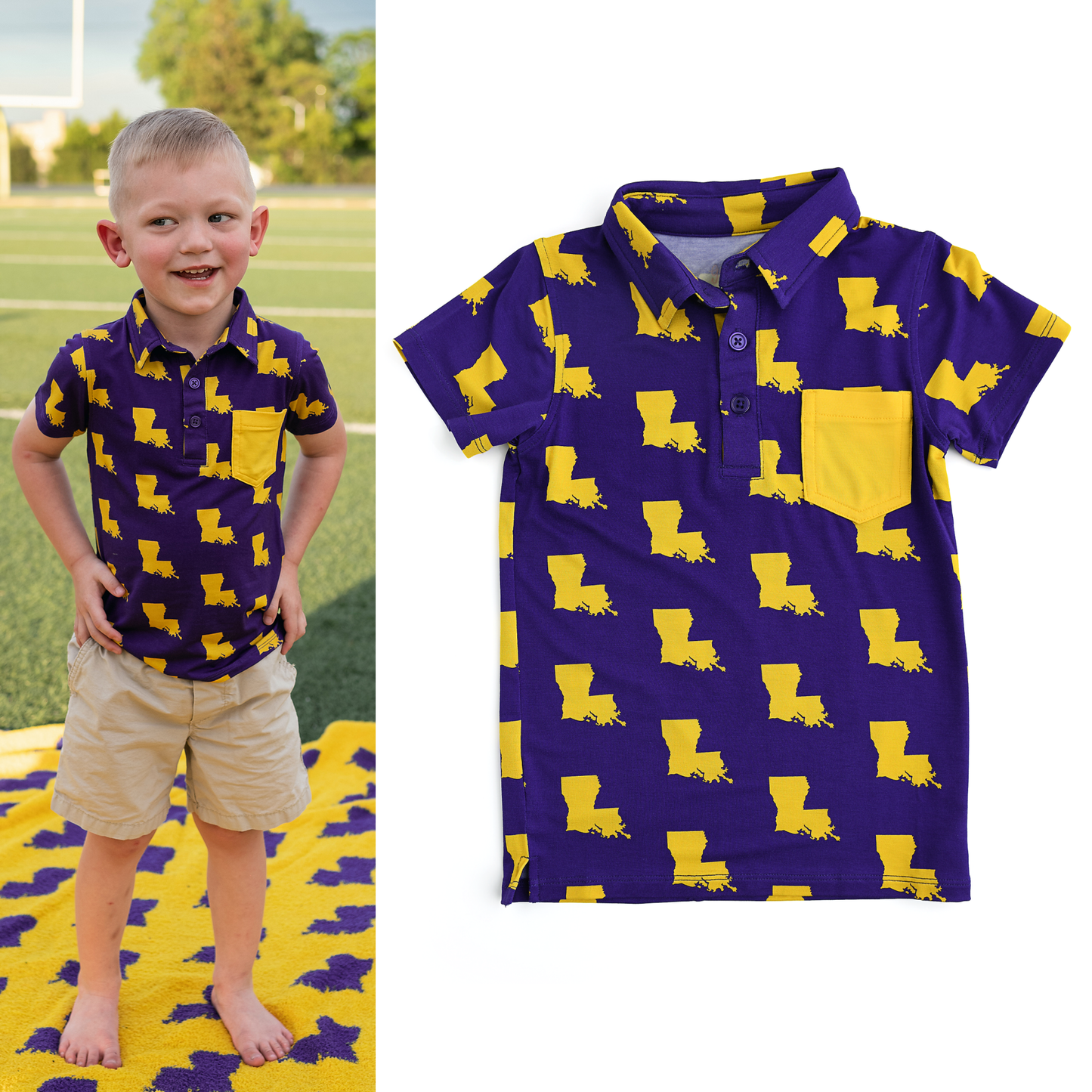 Bamboo Kids Clothing Boys Shirt Polo Louisiana Purple & Gold: 10/12