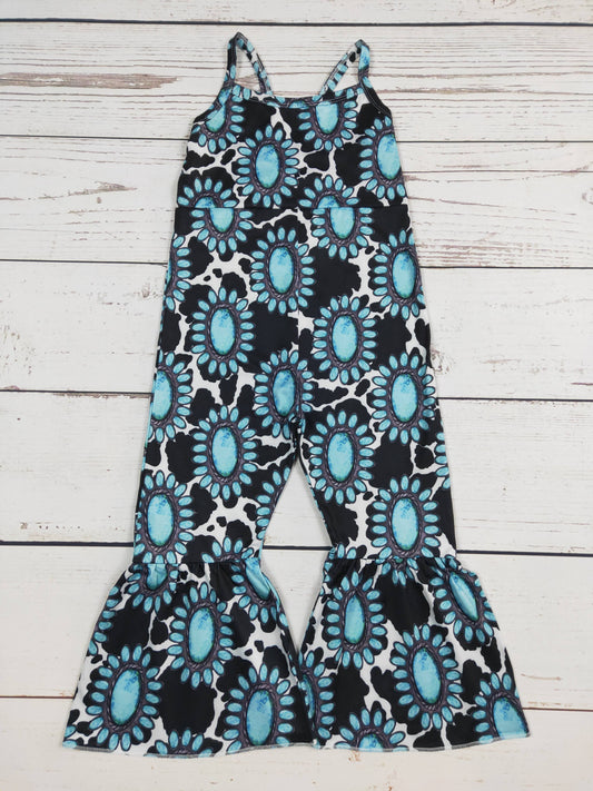 Turquoise Cow Printed Baby Girls Jumpsuit: 12-18M