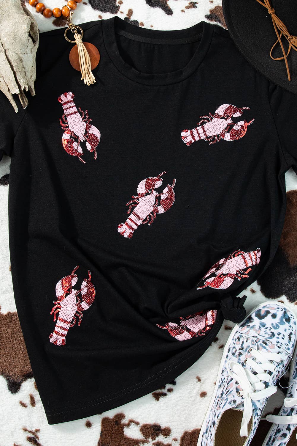 LDC Black Sequined Crayfish Round Neck Graphic Tee: Black / Missy / M