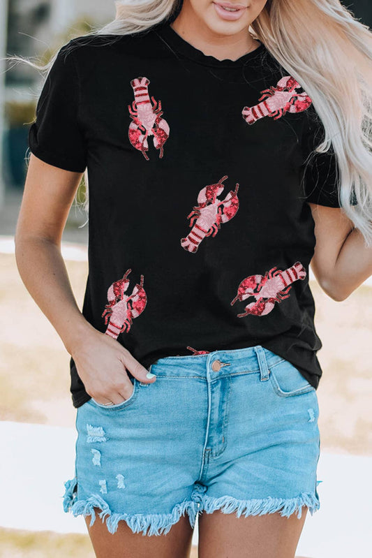 LDC Black Sequined Crayfish Round Neck Graphic Tee: Black / Missy / 3XL