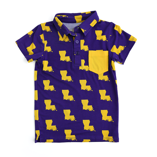 Bamboo Kids Clothing Boys Shirt Polo Louisiana Purple & Gold: 10/12